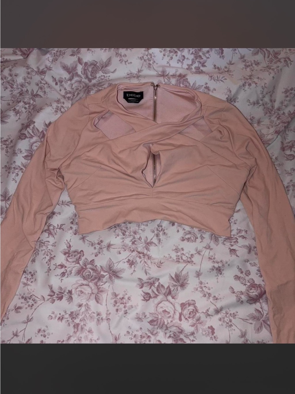 BEBE Pink long sleeve Criss cross crop top